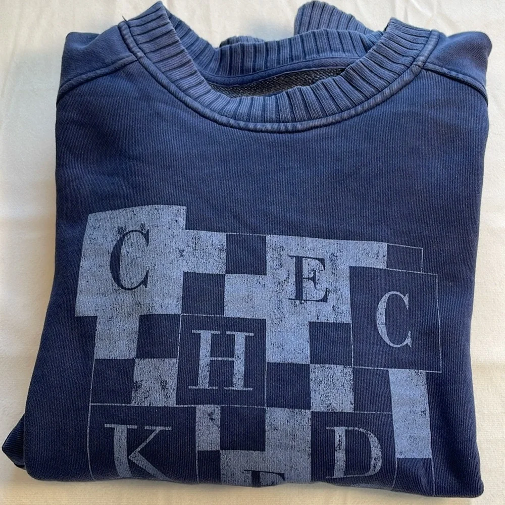 AERIE Down-To-Earth Crewneck Sweatshirt Checked Out Faded Blue Ribbed Oversize S - Picture 15 of 15